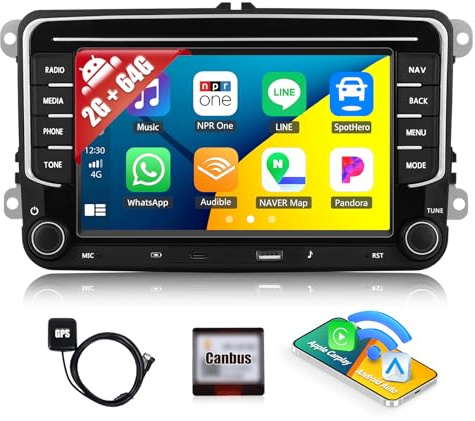 2+64GB Car Radio for VW Polo Caddy Golf 5 6 Tiguan T5 Scirocco Skoda Octavia Android 13 Head Unit 7 Touch Screen Car Stereo with Wireless CarPlay Android Auto, Bluetooth, GPS Navigation, FM RDS Radio