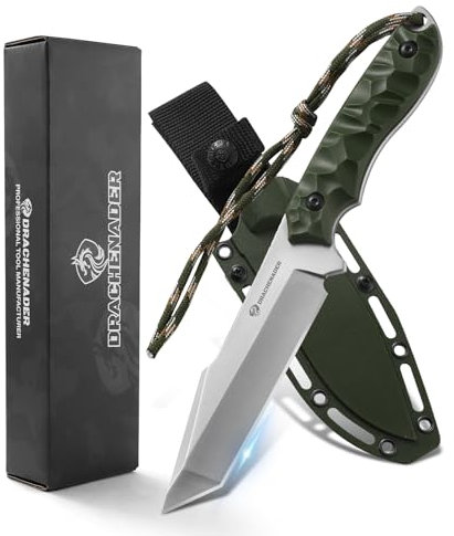 DRACHENADER Tanto Messer B-ER-TANTO POINT, Jagdmesser 13 cm Klingenlänge, 5Cr14MoV Stahl, Full Tang Messer Outdoor, Gürtelmesser mit ABS-Griff für Camping, Wandern (E-Klinge Silber- Grün)