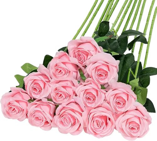 JAONLD 12 Piezas Rosas Artificiales,51 * 7cm Flores Artificiales Decoracion Suavidad Realista con Hojas y Tallo Ajustable,Artificiales de Tallo Largo para Bodas,Jardín(Rosa Claro)