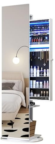 360° roterande 152 cm smyckeskåp med 3 färger dimbara lampor, full längd, spegel, stor kapacitet, golvstående smyckesorganisatör, bakre förvaringshyllor (vit)