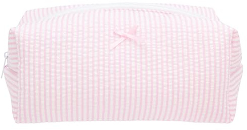 Cozy Makeup Bag Travel Cosmetic Bag for Women Soft Toiletry Bag Aesthetic Makeup Organizer Portable Large Zipper Pouch for Skincare Beauty Accessories Brushes Stripe Pink