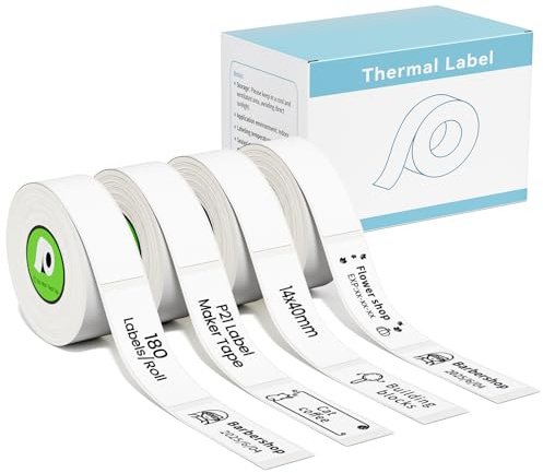P21 Label Maker Tape kompatibel mit Nelko P21 Label Maker, 14x40mm | 180 Tapes/Roll, 4-Rollen, Weiß, auch ersetzen für NADAIIN N12, ORGBRO X1, ORGSTA S001, POLONO P31S