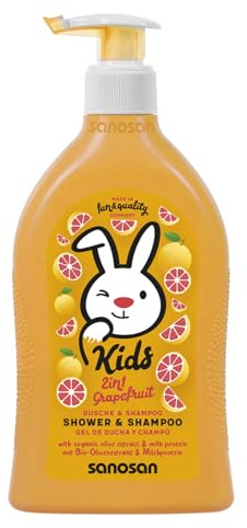 sanosan 2 en 1 ducha y champú pomelo para niños y bebés, 400 ml, gel de ducha para niños y niños, champú con extracto de oliva orgánico y proteína de leche, champú para niños, baño infantil