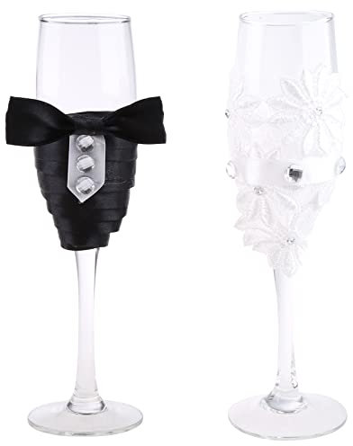 LLINthy Set di 2 calici da champagne per matrimonio con fiori di perle e cristalli, trasparenti, per feste