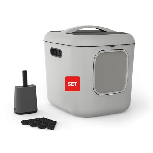 Rotho MyPet Bea Katzenklo XXL mit Deckel und Reinigungsset | Moderne Katzentoilette geschlossen | geruchsfrei Dank Aktivkohlefilter | mit Türmagnet | einfach zu reinigen & hygienisch | grau