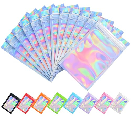 Plaphy 100 Sacchetti Olografici in Alluminio con Zip, Buste Mylar (12x20cm) | Sacchetti Mylar Richiudibili Ermetici per Alimenti, Bustine con Foro di Sospensione per Confezionamento e Conservazione