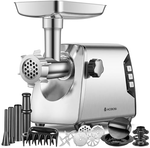 AAOBOSI #12 Meat Grinder, [3000W] 3 Speed Meat Grinder Heavy Duty: Built-in Storage Box, 2 Blades,4 Plates,3 Sausage Stuffers,Kibbe Kit,Meat Claw & Burger Press, for Home & Kitchen Use
