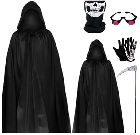Generico Costume d'Halloween - Ensemble de manteau noir 5 pièces avec gants squelette, faucille et masque rouge vif | Polyvalent pour adolescents adultes, cosplay, fête à thème, célébr