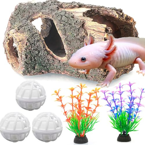 VZqola 6 pcs Axolotl Hideout Set with Cave Fake Water Plants Filter Balls Reptile Hides Aquarium Terrarium Corner Hideaway Underground Curve Tortoise Turtle Hideout Lizard Fish Tank Decor Accessories