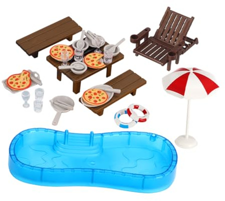 FUNOMOCYA 2 Sets Mini House Building Kit with Swimming Pool Swim Ring Beach Chair Doll Furniture Set for Dollhouse Decor Easy Assembly DIY Accessories for Playhouse Fun
