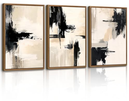 WENGTIAO Vintage Leinwand Bilder mit Rahmen, Abstrakte Tusche Wandbilder | Schwarz Beige Grau Minimalistische Gerahmte Kunstdrucke auf Leinwand für Moderne Wohnzimmer Schlafzimmer Wanddeko 40x60cmx3