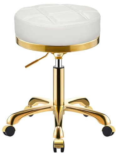 SCGSJZH Rollhocker Gold Hocker mit Rollen, Bürohocker Runden PU Leder Schminkhocker, Drehhocker für Tattoo Salons Spa Stuhl, Höhenverstellbar 45-58cm, Traglast 400l (Weiß, ohne Rückenlehne)