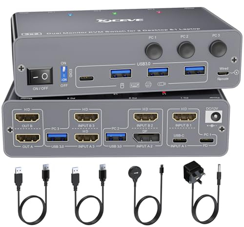 YOUTINGHDAV KVM Switch 2 Monitors 3 Computers USB C HDMI DP, KVM Switch 2 Monitor for 2 Desktop 1 Laptop Share 4 USB3.0 Ports, 4K@60Hz, EDID, 73W PD, Wired Remote(4K USB-C DP HD 3 in 2 out KVM)
