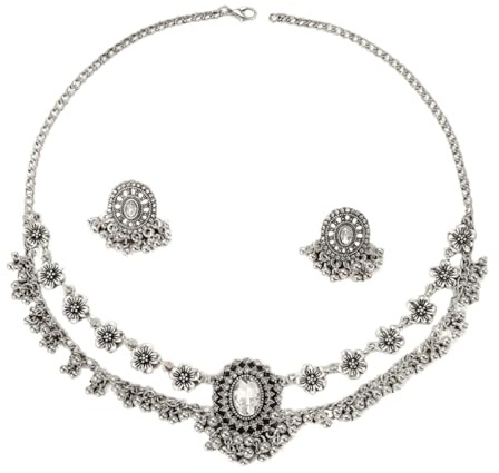 Niaspi Layered Bohemian Ball Bead Tassel Necklace Earrings Jewelry Set for Women Vintage Plumeria FLower Statement Rhinestone Oval Engraved Earring Dangling Decor Jewelry Gifts