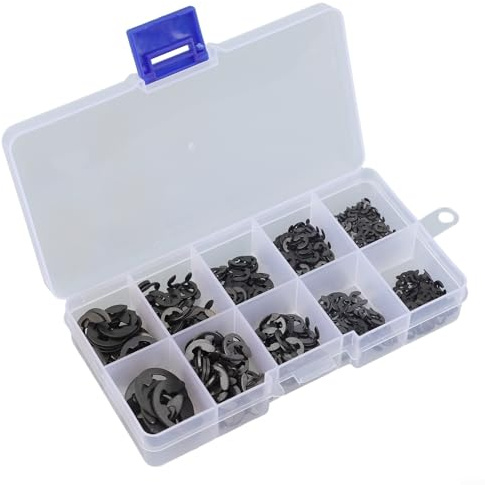 Anillos de retención industriales tipo E, 580 unidades, arandelas de clip a presión, surtido de 10 tamaños para bloqueo de eje en acero al carbono negro con caja de almacenamiento