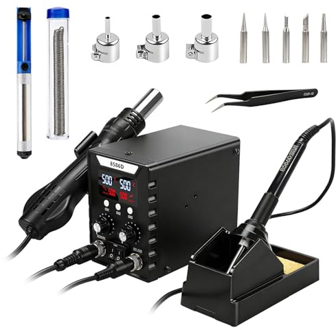 Kit de estación de soldadura de aire caliente 2 en 1, 180 – 500 °C, pantalla digital 8586D, con pistola de calor de 700 W + soldador de 60 W, múltiples puntas, herramienta de desoldadura para soldar y