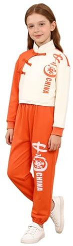 Moily Girls 2 Piece Kung Fu Outfit Chinese New Year Clothing Chinese Traditional Clothes for Kids Stage Performance Orange 8-9 Years