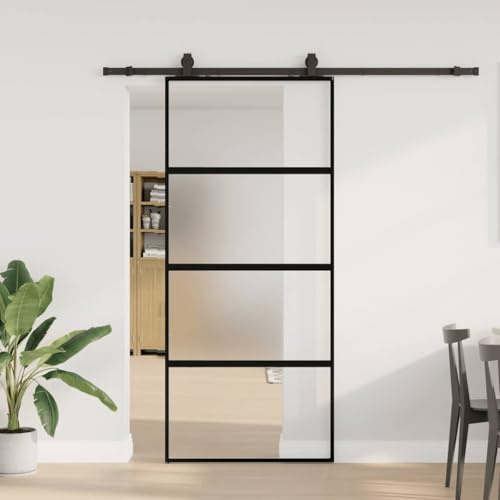 Runheo Porte coulissante en verre trempé noir 90x205 cm avec kit de quincaillerie robuste pour intérieur et extérieur, espace moderne, sécurité et isolation phonique renforcée