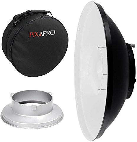Pixapro 42cm Beauty Dish Reflector Photography Lighting Video Light Flash Diffuser Studio Light Camera Photoshoot Portable Beginners Bounce Sheets Filters (White With Bag, Bowens S-Type)