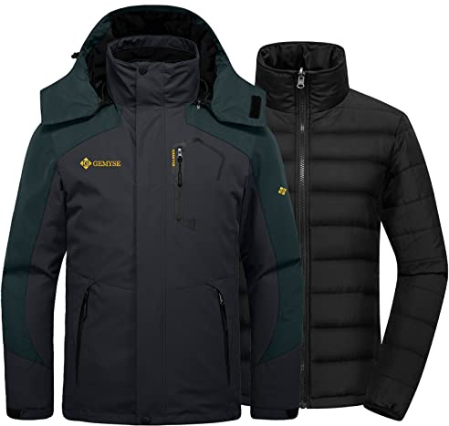 GEMYSE Veste de Ski Homme 3 en 1 avec Doublure Amovible Imperméable Coupe-Vent Respirante avec Capuche Manteau Chaud Hiver pour Randonnée(Gris noir,M)