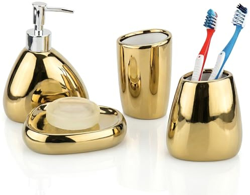 MyGift 4 Pcs Gold Bathroom Accessories Set with Toothbrush Holder, Soap Dispenser, Tumbler and Soap Dish, Bathroom Organizer Accessory for Modern Home Decor, Complete Ceramic