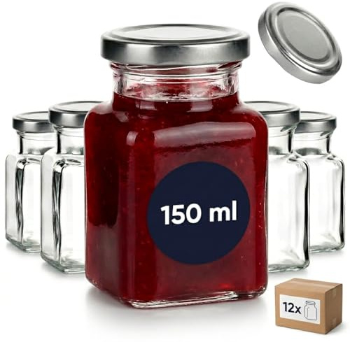 gouveo Lot de 12 bocaux carrés de 150 ml avec couvercles à vis argentés BS - Petits bocaux de conservation avec bouchons à vis - Pots de confiture vides (EGE150SBS)