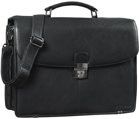 STILORD Miguel Klassische Leder Aktentasche Schwarz Herren große Businesstasche Arbeit Bürotasche mit Schloss zum Umhängen 15,6 Zoll Laptoptasche Farbe:Obsidian schwarz