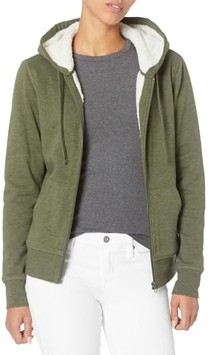 Amazon Essentials Giacca con Cappuccio a Cerniera Intera in Pile Foderata in Sherpa Donna, Verde Oliva Puntinato, M