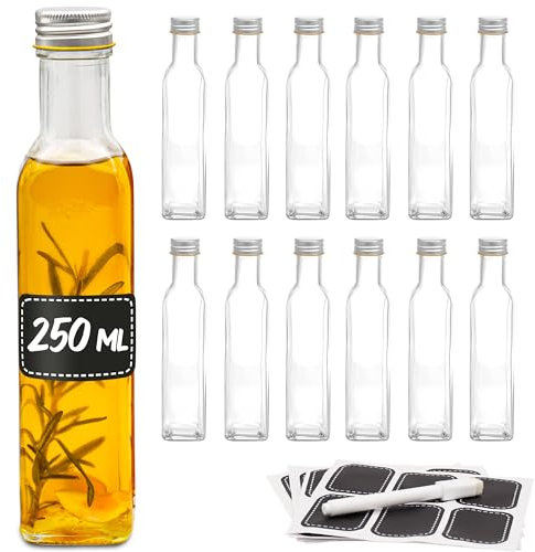 Praknu 12 Bouteilles Verre 250ml avec Bouchon a Vis - Bouteille avec 12 Étiquettes et Marqueur - Bouteille Vide Verre pour Alcool, Huile, Vinaigrette & Sauces
