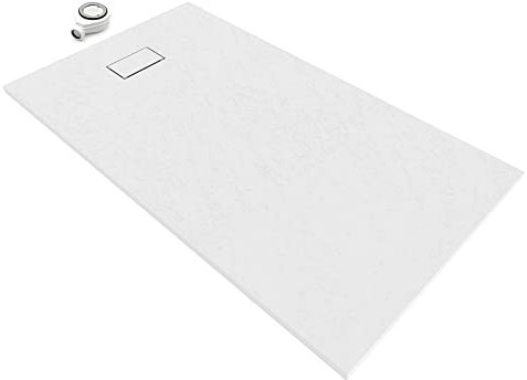 SMC BOREAL Duschwanne 160x90 cm, extra flache und robuste Duschtasse 26MM aus langlebigem SMC mit ANTI-Rutsch-Oberfläche In Schieferoptik/Steinoptik inkl. Ablaufgarnitur mit SMC Deckel - Weiß