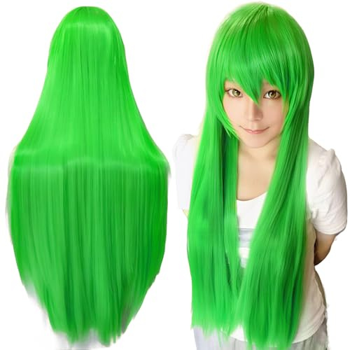 IMISSU Lange glatte Haare Cosplay Perücke mit Pony Bunte Halloween Kostüm Party Perücken (Apfelgrün)