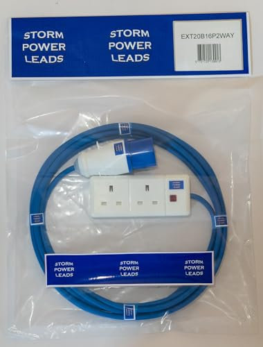 STORM POWER LEADS CAMPING EXTENSION LEAD 1 WAY-4 WAY HOOK UP SOCKETS CARAVAN 16A 5MT-25MT 240V (2 WAY, 20M)
