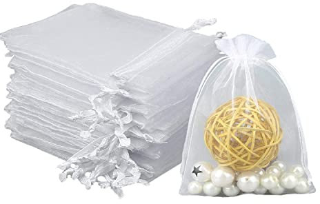 Intckwan 100 Stück Weiß Organzasäckchen 9 x 12 cm Organzabeutel, Säckchen Geschenk Schmuck Hochzeit Bonbonsbeutel Für Festival Party und Hochzeit, Satin-Kordelzug