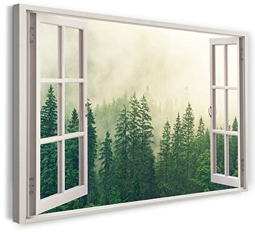 Print on Canvas (120x80 cm) view from the window - forest fog conifers nature - nature photography, real wood frame with hook
