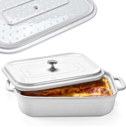 Stoneware Casserole With Lid - Rectangular Pan with Lid - Covered Stoneware Cookware Pans Stone Set - Freezer & Oven Safe Stone Bakeware for Baking, Lasagna, and Other Baked Dish, and Food Deep
