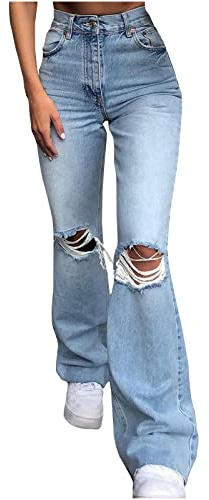 HAOLEI Ripped Jeans Womens UK Clearance Flared Bootcut Leggings Stretch Ripped Denim High Rise Bell Bottoms Ladies Jeans Loose Wide Leg Trousers Baggy Mum Pants Spring High Waisted Jogger