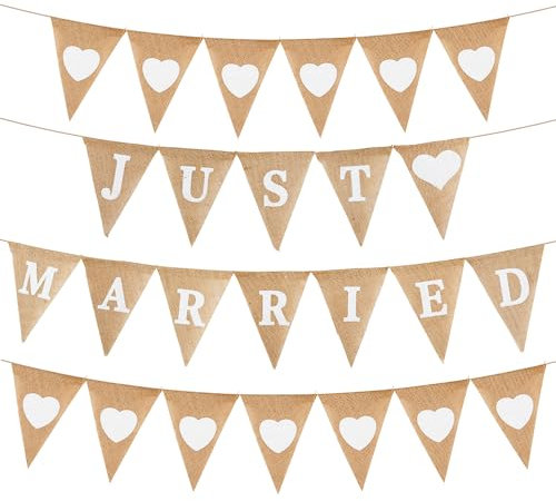 Bannière JUST MARRIED Fanion Toile de Jute, Drapeaux Triangle Bannière de Cœur Vintage pour Mariage, Deco Mariage Champetre Guirlande Fanions Guinguette Decoration Intérieure et Extérieure