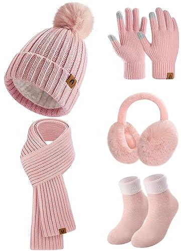 Niwicee Gorro Bufanda y Guantes Invierno Set 5PCS Gorro de Punto Bufandas Guantes de Pantalla Táctil Calentadores de Orejas de Felpa Conjunto de Calcetines Térmicos Regalo para Mujer(Rosa)