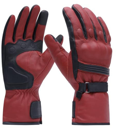 Harssidanzar Guantes de Moto Hombre, Cuero Genuino Masculino Pantalla táctil de Dedo Completo Forro Aislante de Calor Delgado Impermeable Guantes de Motocicleta KM048EU1