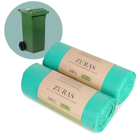 ZURAS® 240 litri di sacchetti per rifiuti biologici, 20 pezzi, compostabili, biodegradabili, a base vegetale, certificato DIN EN 13432, resistente agli strappi e impermeabili
