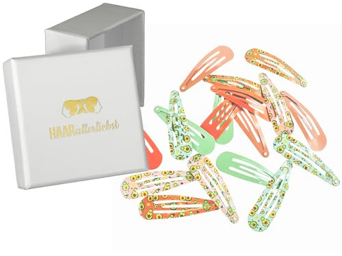HAARallerliebst® 18 Stück Avocado Haarspangen Mädchen Damen, bunt, Haarklammern in 6 Farben (rosa, grün oange braun), 50mm Baby Kinder Haarklammer, inkl Schachtel Haarspange Haarschmuck