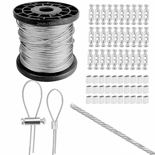 2mm Wire Rope Set 50m, 304 Stainless Steel Heavy Duty Wire Cable, Aircraft Heavy Duty Cable, 7x7 Strand Core, 290kg Breaking Strength with 50 Pcs Crimping Clamps Loop Sleeve
