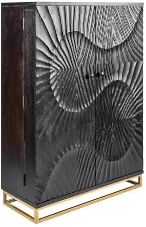 riess-ambiente.de Massiver Barschrank Scorpion 141cm schwarz Mangoholz mit 3D Schnitzereien