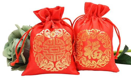 LOONEO Good Luck Fortune Bag, Chinese New Year Gift Fortune Drawstring Bag, Embroidered Lucky Silk Style Brocade Pouch for Jewelry Gold Coin Product Packing Spring Festival Decorations (Red-1)