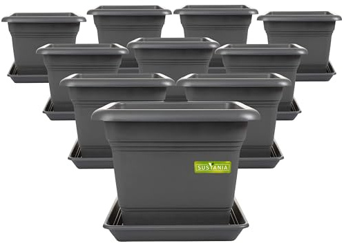 2friends Sustania Pflanzkübel Eckig 28x28 Anthrazit 10er Set - Robuster Blumentopf GroÃŸ, Ãœbertopf Ideal für Tomatenpflanzen, Eckige Pflanztöpfe Kunststoff für Garten & Balkon