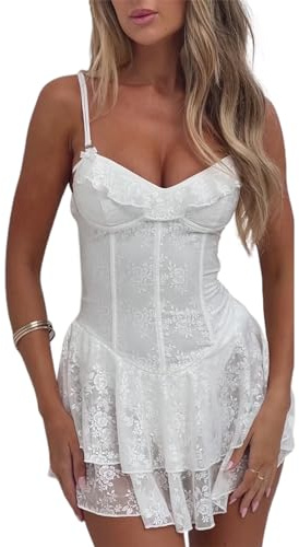 Acrawnni Women 's Lace Mini Corset Dress Sleeveless Spaghetti Strap Backless Lace Floral Tiered Ruffle Hem Bodycon Dresses Party Clubwear (A-White, L)