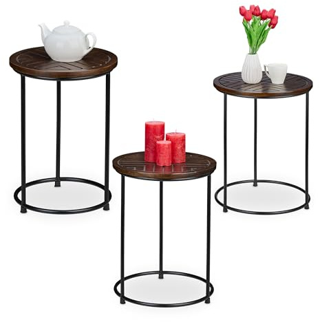 Relaxdays 3er Set runder Beistelltisch Mangoholz, braun/schwarz | Couchtisch