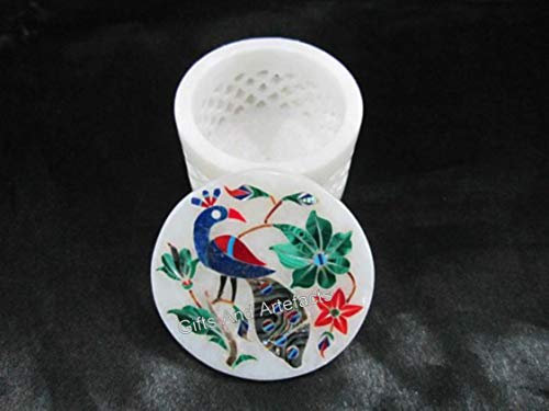 Gifts And Artefacts Round Shape Jewelry Box with Peacock Pattern Inlay Work 2.5 Inches White Marble Salt Cellar Box for Dining Table Decor