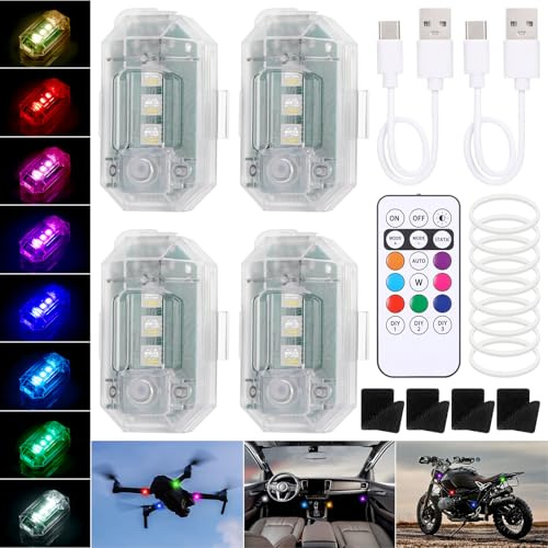 JIZZU Luci Led Anticollisione, 4 Pezzi Luce Stroboscopica Del Drone, Luce Stroboscopica Per Droni Ricarica USB, Luci Stroboscopiche Drone Led 8 Colori, Per Droni Rc, Moto, Auto E Biciclette
