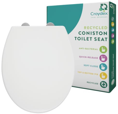 Croydex White Toilet Seat Soft Close with Adjustable Hinges (Coniston) | Eco-Friendly Recycled & Recyclable Materials | Quick Release for Easy Cleaning | Anti-Bacterial